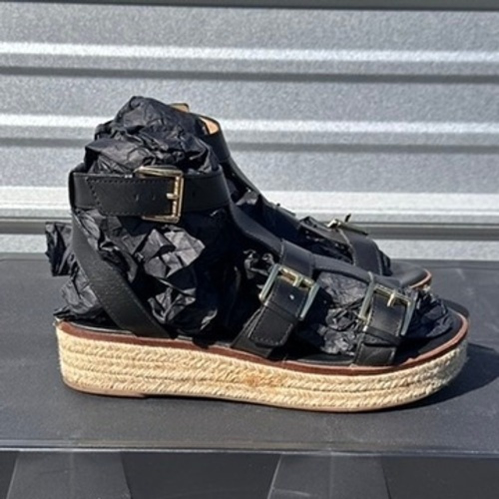 Michael Kors Black Leather Gladiator Espadrille Platform Sandals Gold Buckle - 7 - Picture 2 of 9